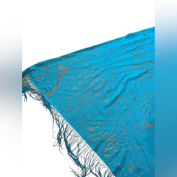 Boho Witch Hippie Ethereal Romantic Blue Sheer Floral Fringe Bandana Lace Shawl - Picture 5 of 8